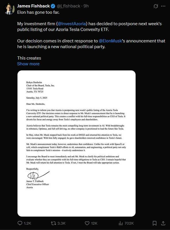 正网皇冠信用网_投资公司CEO不满马斯克建新党正网皇冠信用网，推迟特斯拉ETF上市